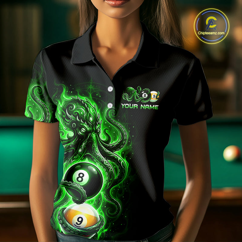 Black polo shirt with green and black design featuring billiard balls on a pool table background.