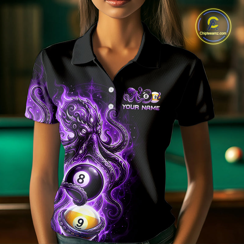 Person wearing a black polo shirt with a purple and black design featuring billiard balls on a pool table background.