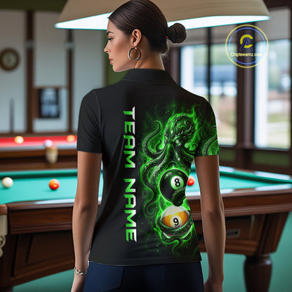 Person wearing a black t-shirt with green graphic design and 'Team Name' text in a pool hall.