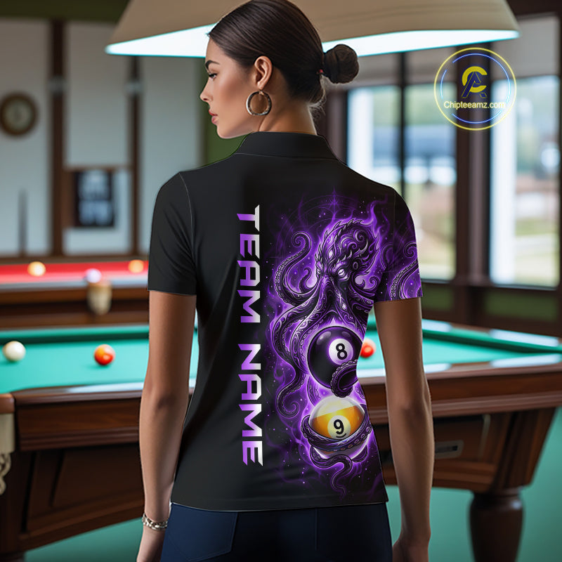Woman wearing a black t-shirt with a purple design and 'Team Name' text in a pool hall.