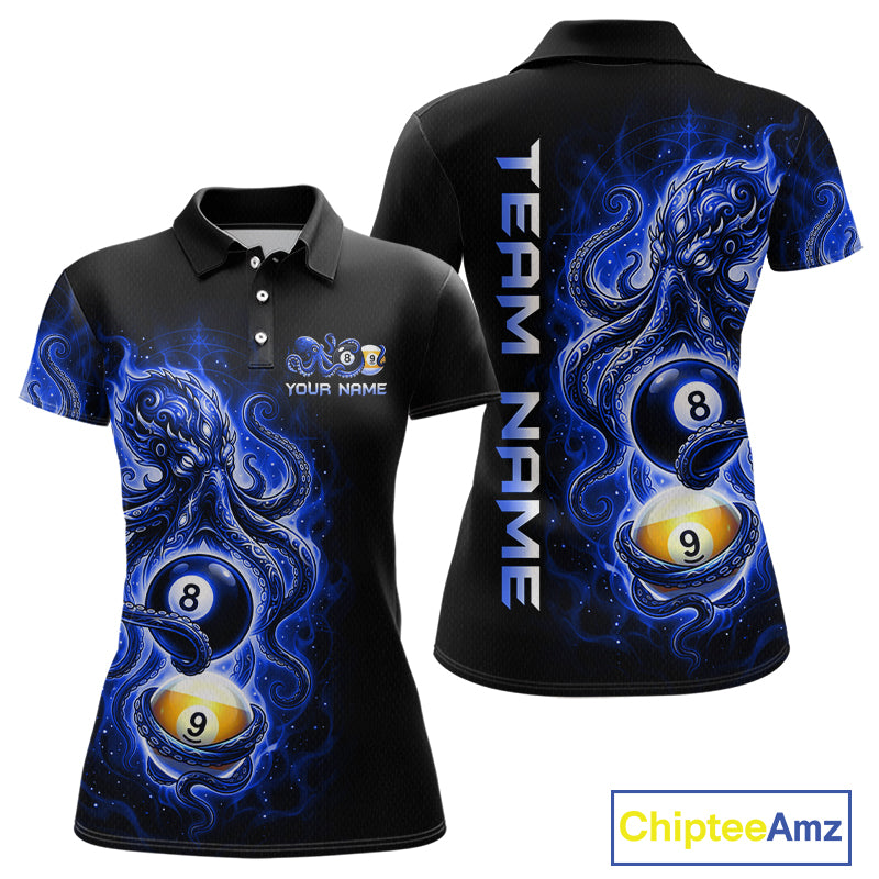 Black polo shirt with blue and white billiard ball design on a white background