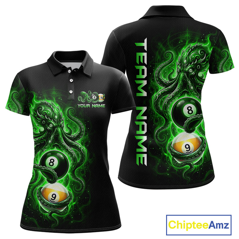 Black polo shirt with green pool ball design on a white background