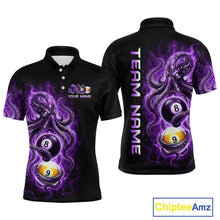 Load image into Gallery viewer, Black polo shirt with purple and white design featuring pool balls and 'Team Name' text on a white background.