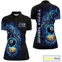 Load image into Gallery viewer, Black polo shirt with colorful design of billiard balls and octopus, featuring 'Chiptee Amz' branding.