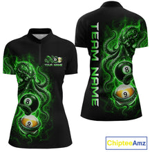 Load image into Gallery viewer, Black polo shirt with green and white design featuring pool balls and text on a white background.