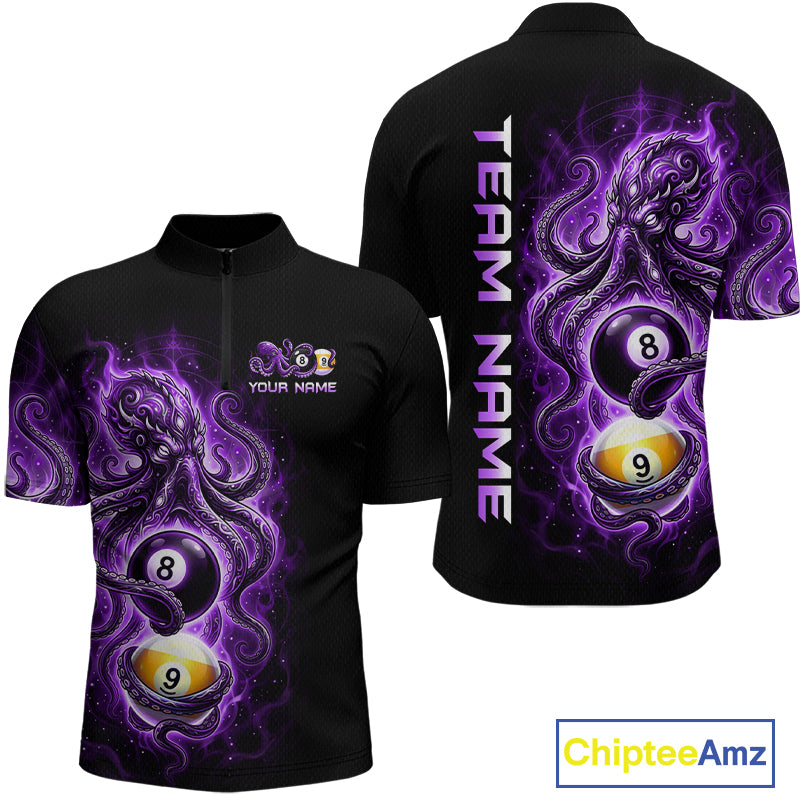 Black polo shirt with purple and yellow design featuring numbers 8 and 9, on a white background.