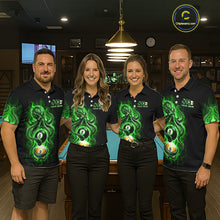 Load image into Gallery viewer, Four people wearing matching black shirts with green designs in a bar setting.
