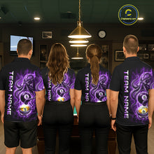 Load image into Gallery viewer, Four people wearing black shirts with purple designs and 'Team Name' text in a pool hall.