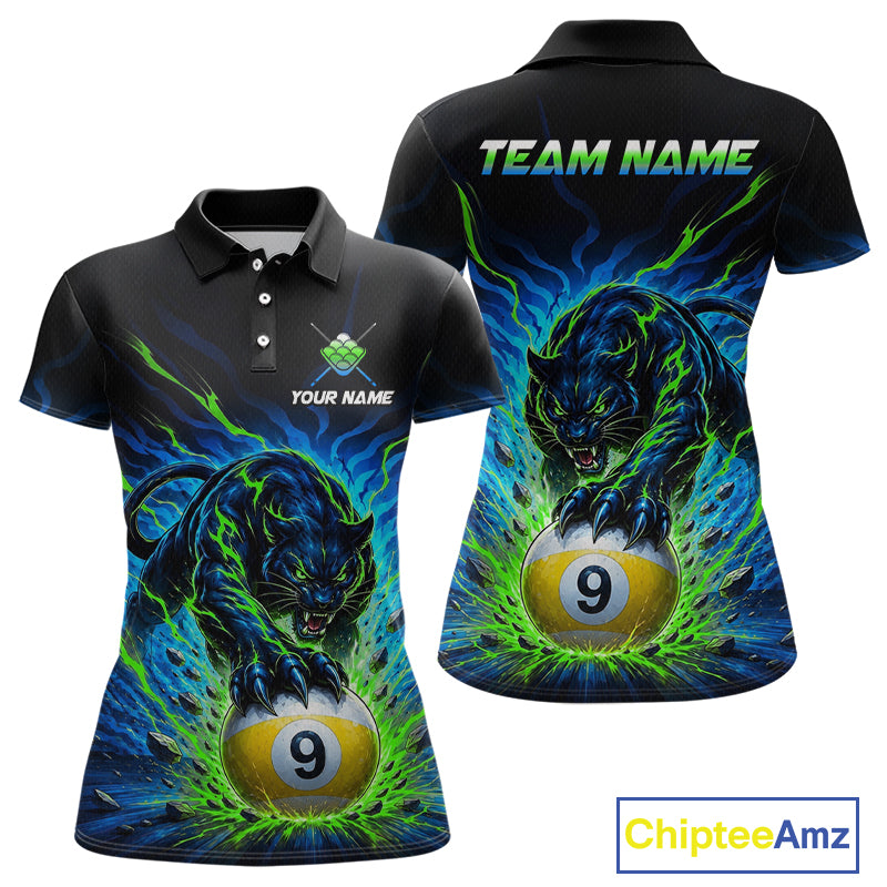 Black polo shirt with panther and billiard ball design, customizable text, and Chiptee Amz branding.