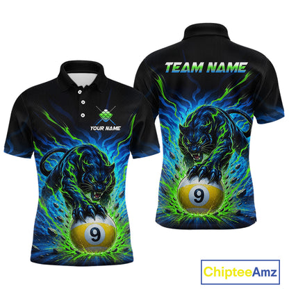 Black polo shirt with panther and pool ball design, customizable text, and Chiptee Amz branding.
