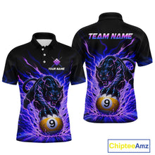 Load image into Gallery viewer, Black polo shirt with panther and pool ball design on a white background