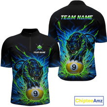 Load image into Gallery viewer, Black shirt with panther and pool ball design on front, and panther and pool ball design on back with 'Team Name' text.