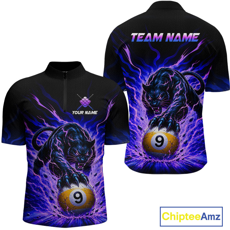 Black t-shirt with a panther and pool ball design on a white background