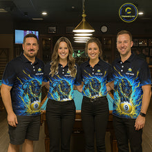 Load image into Gallery viewer, Four people wearing matching blue and yellow shirts with a logo in a bar setting.