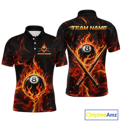 Black polo shirt with fiery design of an eight-ball and pool cue, customizable text, and Chiptee Amz branding.