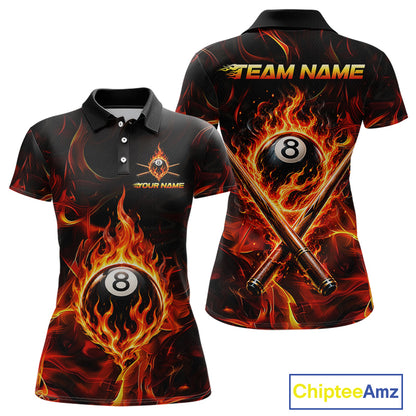 Polo shirt with flaming 8-ball design on a black background, featuring 'Chiptee Amz' branding.