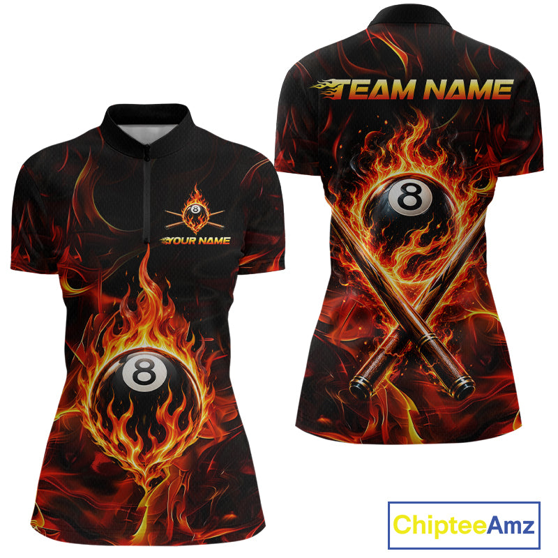 Two polo shirts with fiery designs and customizable text on a white background.
