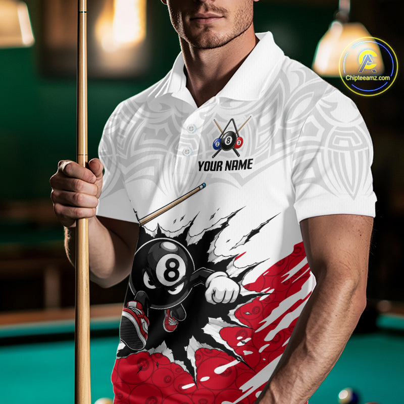 Man wearing a white polo shirt with a pool-themed design and 'Your Name' text, holding a pool cue.