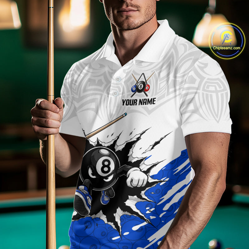 Man holding a pool cue wearing a white polo shirt with a pool-themed design and 'Your Name' text.