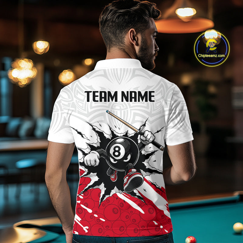 Man wearing a white polo shirt with a pool-themed design and 'Team Name' text on the back, in a pool hall setting.