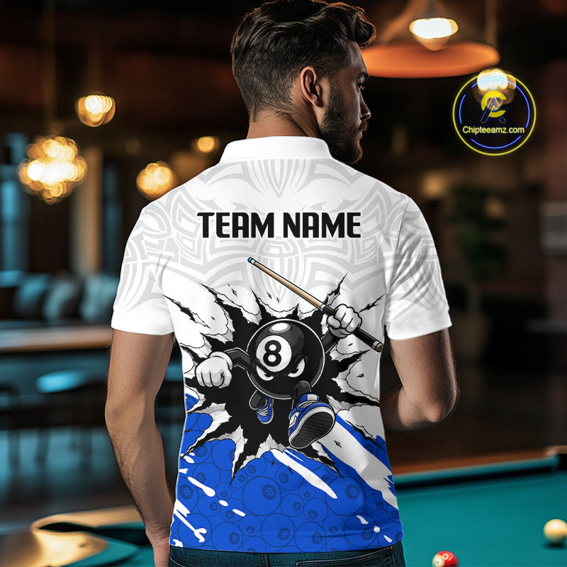 Man wearing a white polo shirt with pool-themed design and 'Team Name' text on the back, in a pool hall setting.