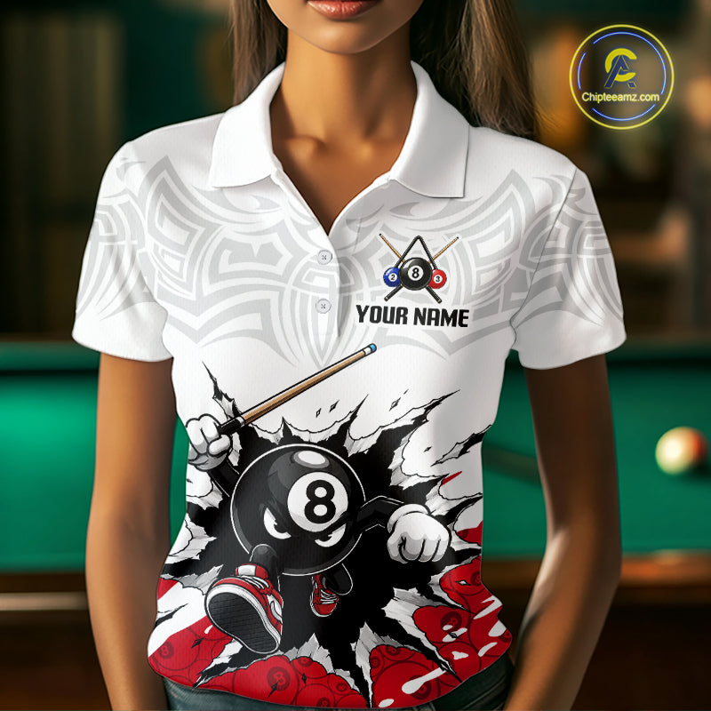 White polo shirt with 8-ball design and customizable text, worn by a person in a pool hall setting.
