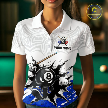 White polo shirt with pool ball and cue design, featuring 'Your Name' text, on a blurred pool table background.