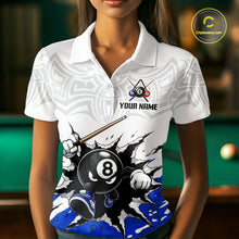 Load image into Gallery viewer, White polo shirt with pool ball and cue design, featuring 'Your Name' text, on a blurred pool table background.