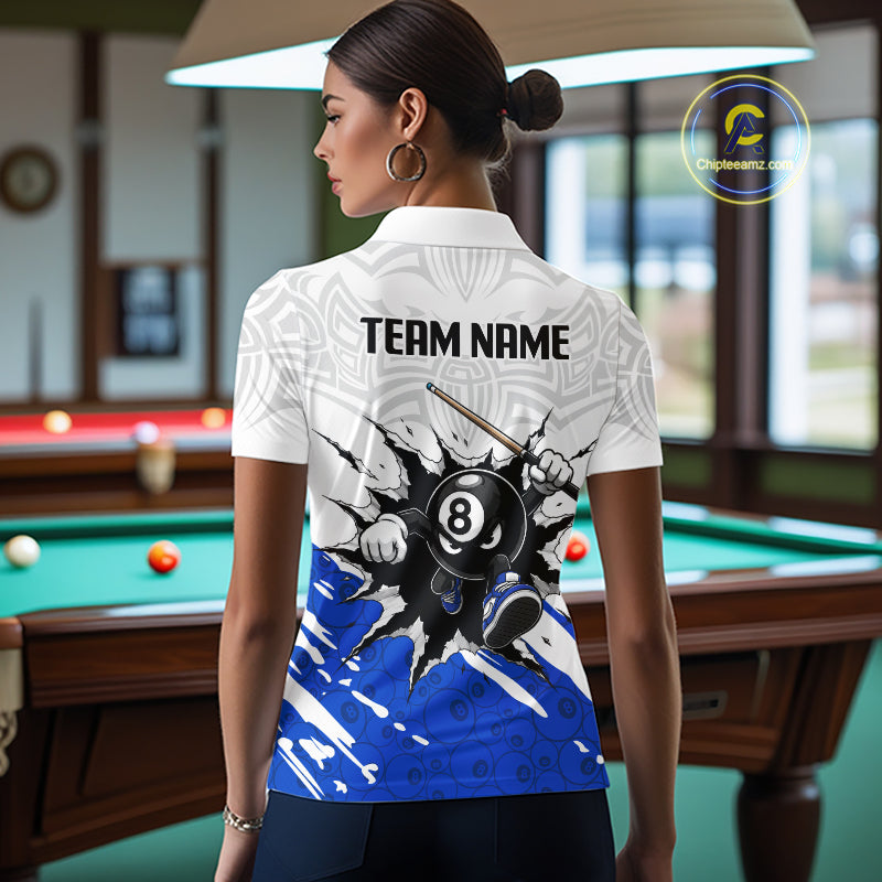 Person wearing a white polo shirt with a pool-themed design and 'TEAM NAME' text in a billiard room.