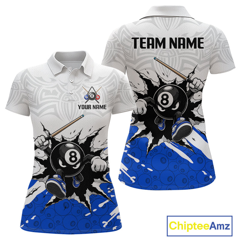 Customizable polo shirt with 8-ball design on a white and blue background, featuring 'Chiptee Amz' branding.