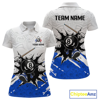 Customizable polo shirt with 8-ball design on a white and blue background, featuring 'Chiptee Amz' branding.