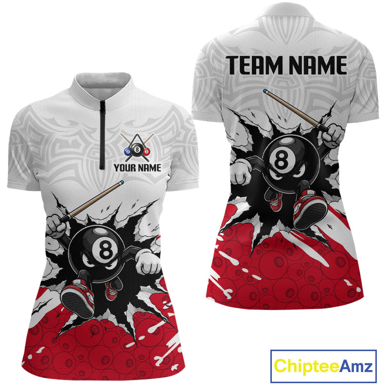 Two polo shirts with 8-ball design and customizable text on a white background
