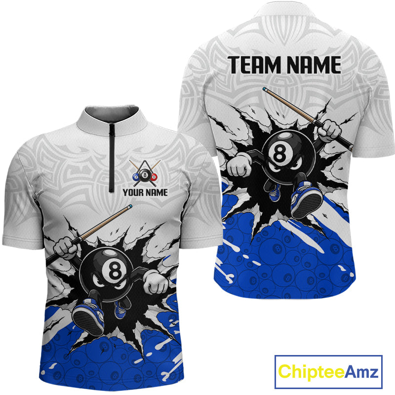 Two views of a sports jersey with billiards design and customizable text, featuring the brand 'Chiptee Amz'.