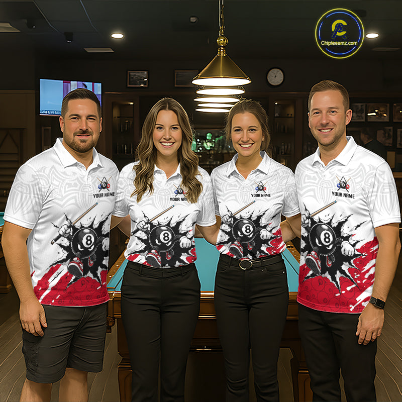 Four people wearing matching billiard-themed shirts in a billiard alley.