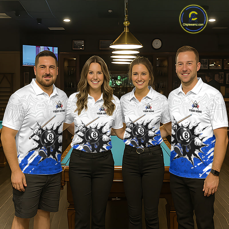 Four people wearing matching billiard shirts in a billiard league