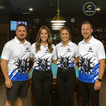 Four people wearing matching billiard shirts in a billiard league