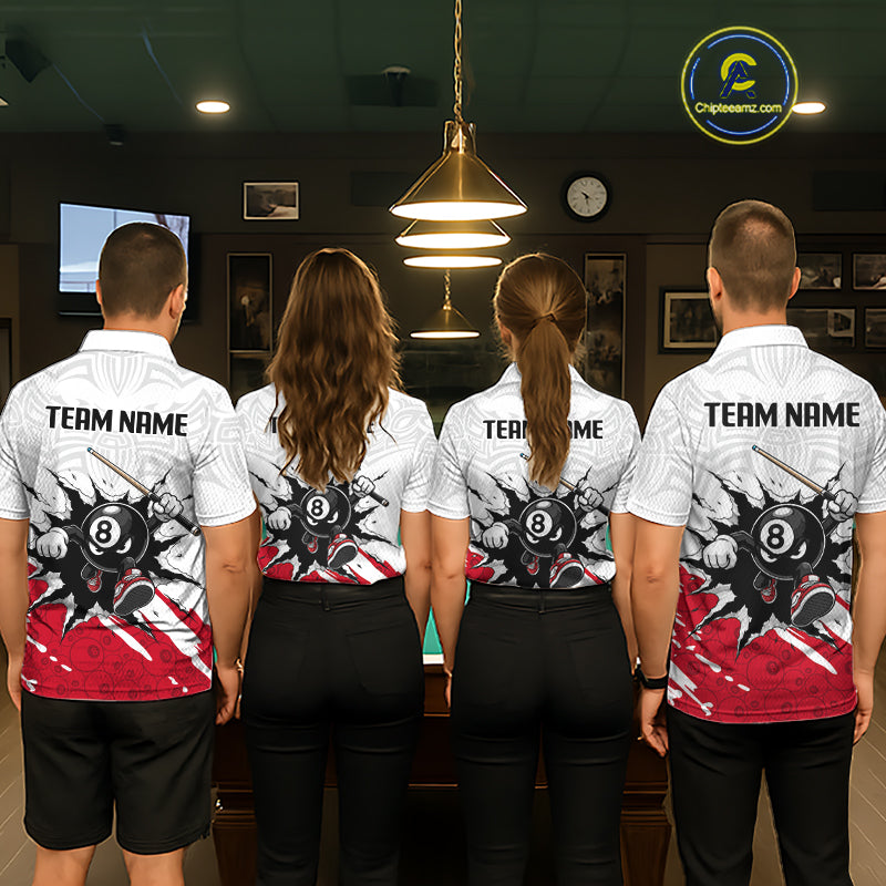 Four people wearing matching sports jerseys with 'Team Name' printed on the back in a casual setting.