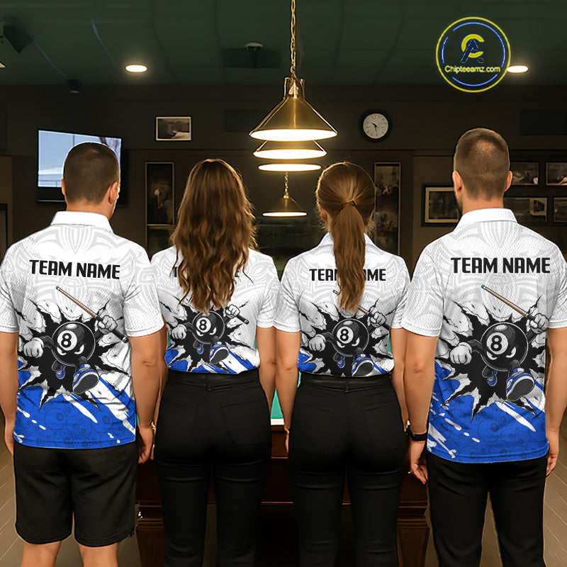 Four people wearing matching sports jerseys with 'Team Name' printed on the back, standing in a room with a pool table.