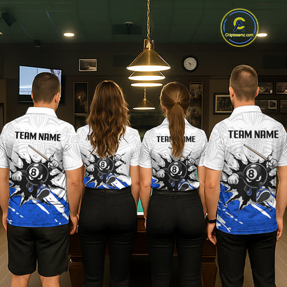 Four people wearing matching sports jerseys with 'Team Name' printed on the back, standing in a room with a pool table.