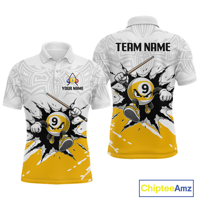 White and yellow polo shirt with billiard ball design and 'Team Name' text on a white background