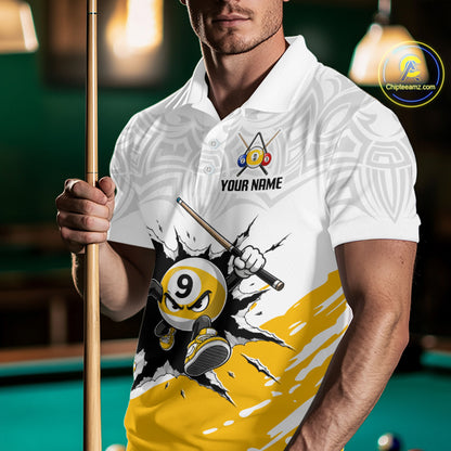 Man holding a pool cue wearing a white polo shirt with a pool-themed design and 'Your Name' text.