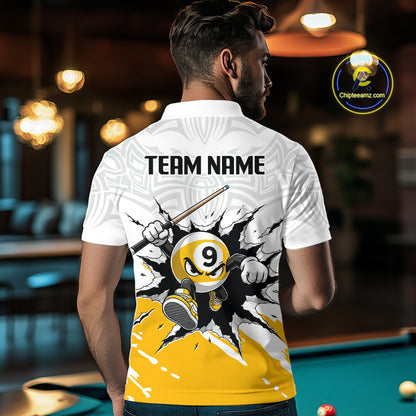 Man wearing a white and yellow polo shirt with a pool ball design and 'TEAM NAME' text, standing in a pool hall.