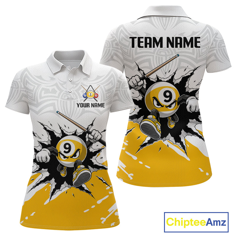 Two polo shirts with a 9-ball design and customizable text on a white background.