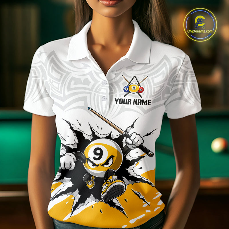 White polo shirt with a 9-ball pool design and customizable text, worn by a person in a pool hall setting.
