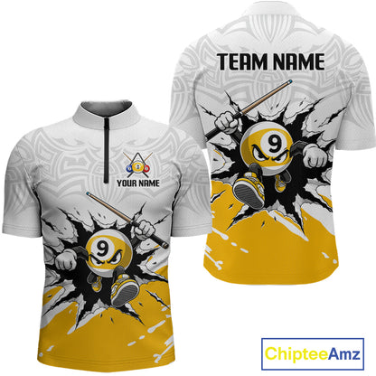 White and yellow sports jersey with billiard ball design on a white background, featuring 'Chiptee Amz' branding.