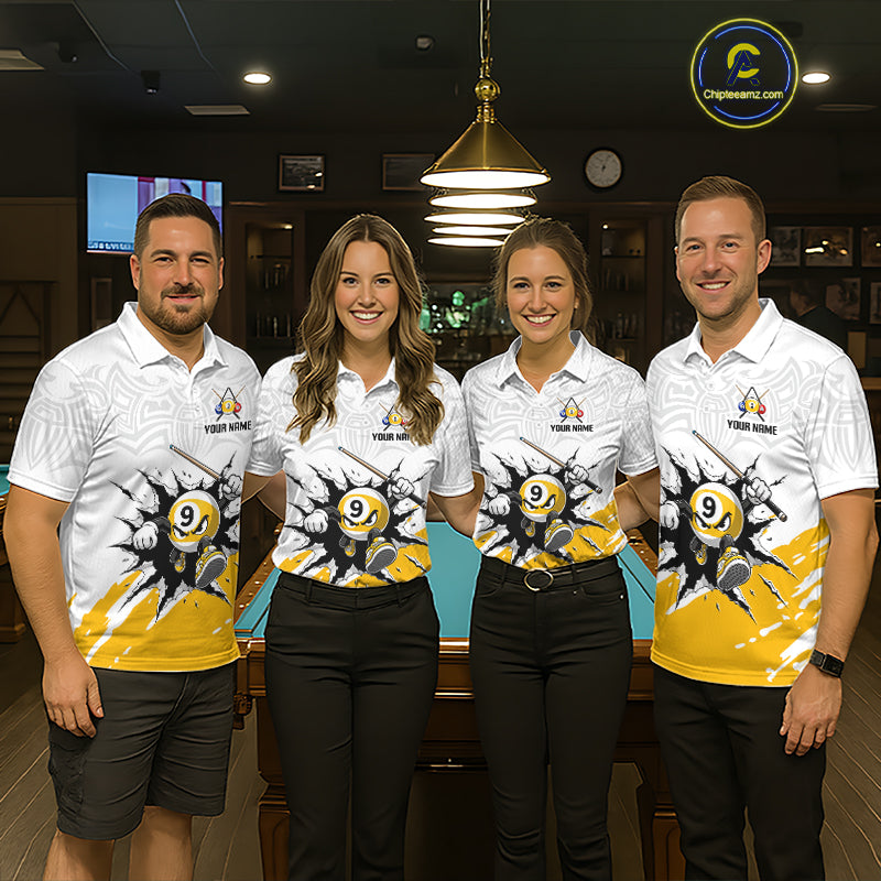 Four people wearing matching billiard shirts in a billiard alley.