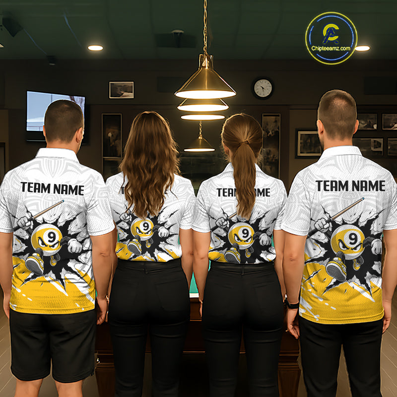 Four people wearing matching billiard team shirts in a billiard alley.