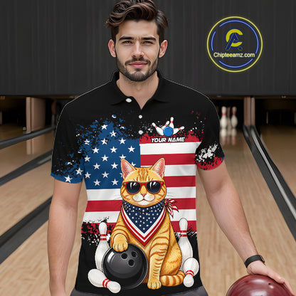 Men’s us flag cat bowling polo shirt, front view on male model in bowling lane 