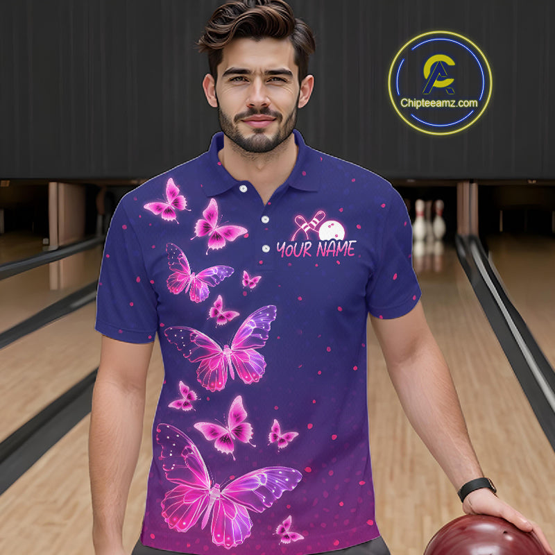 Custom Purple Galaxy Butterflies Bowling Team Shirts Bowling Jersey for Men Bowling League HNT467
