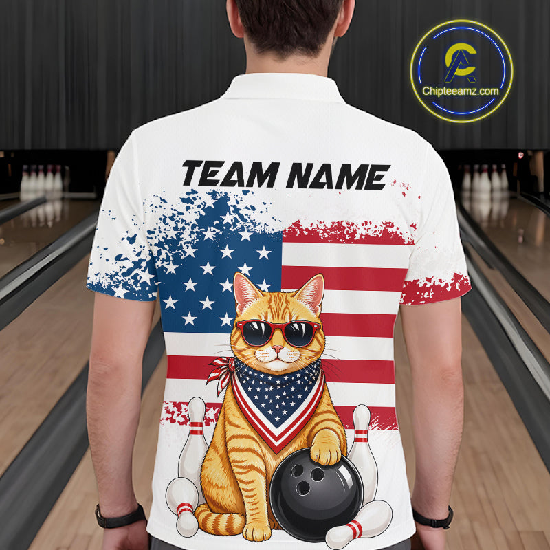 Men’s us flag cat bowling polo shirt, back view on male model in bowling lane 